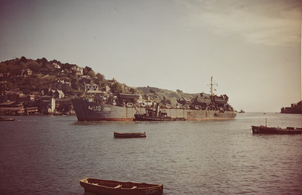 USS LST 289 arrives in Dartmouth Harbor after being torpedoed by German torpedo boats during an invasion rehearsal off Slapton Sands on 28 April 1944