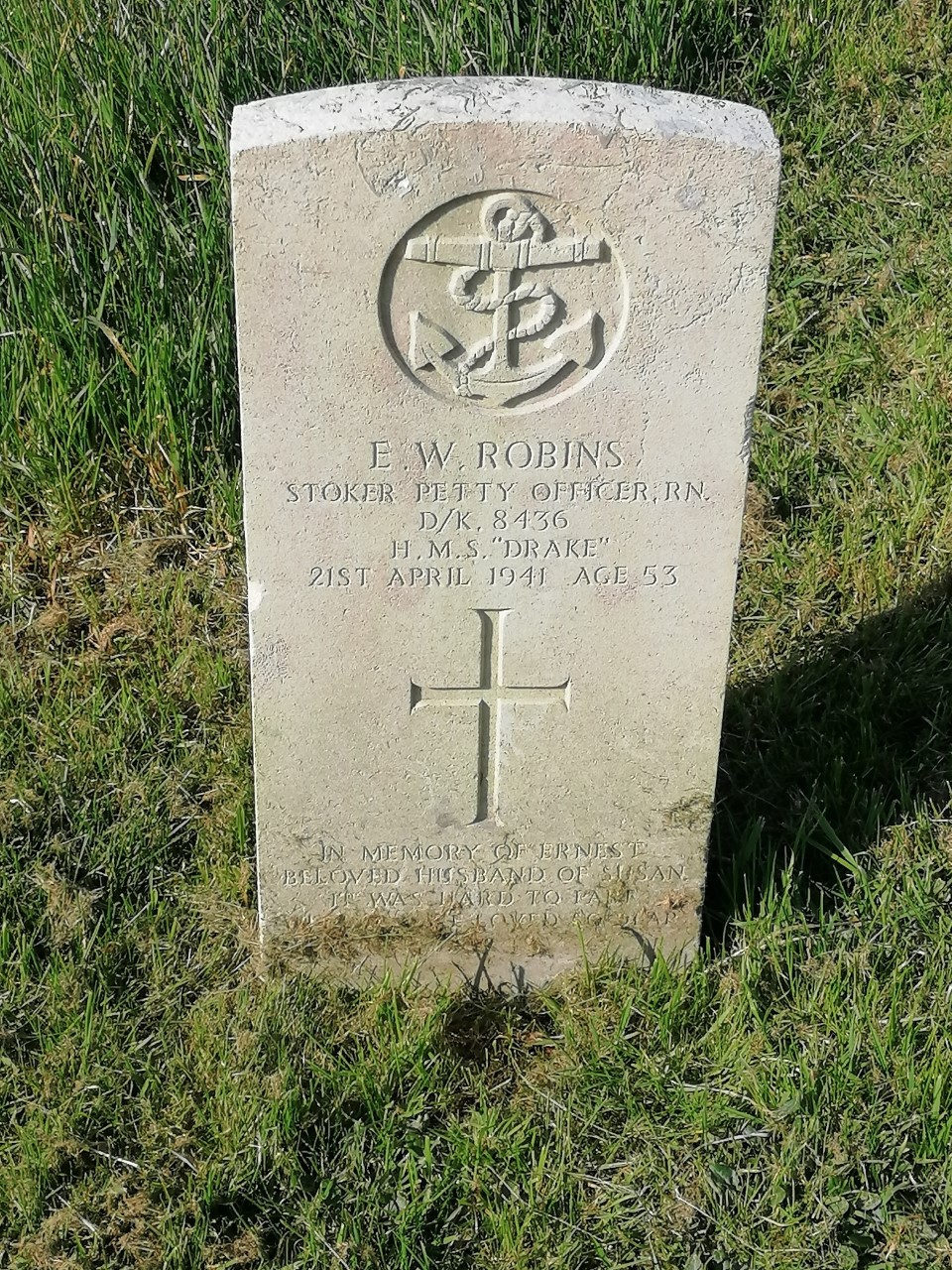 Petty Officer Stoker Ernest William Robins, Royal Navy, HMS Drake D/K 8436