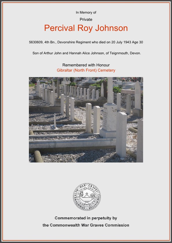 Private Percival Roy Johnson, 4th Battalion, the Devonshire Regiment 5630609 Commemorative Certificate