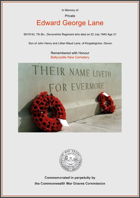 Private Edward George Lane commemorative certificate