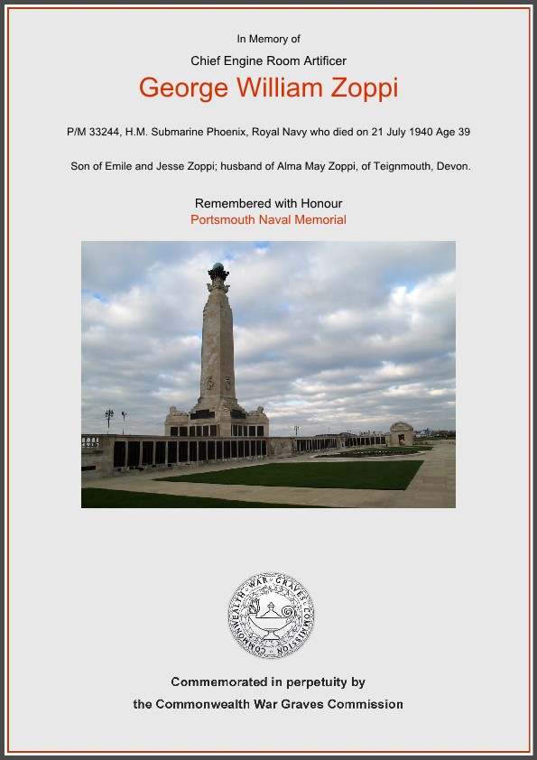 Chief Engine Room Artificer George William Zoppi, H.M. Submarine Phoenix, Royal Navy, P/M 33244 Commemorative Certificate